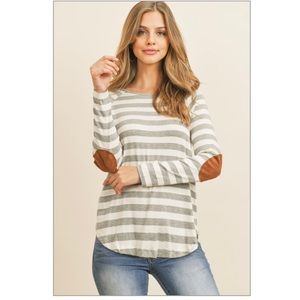 Striped Long Sleeve Elbow Patched Top